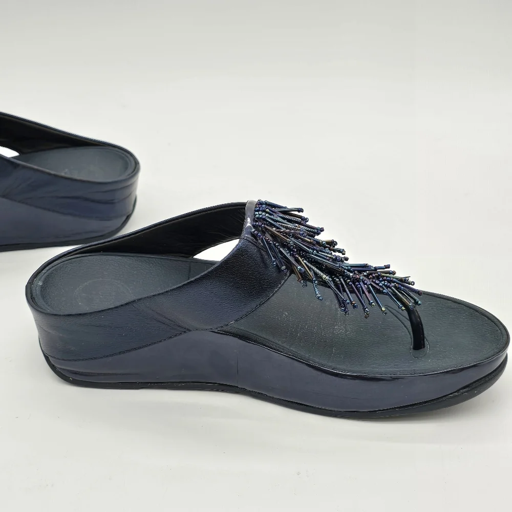 FitFlop Cha Cha Rumba Sandals Sz 8 Blue Leather Beaded Fringe Thong Platform - Picture 8 of 14